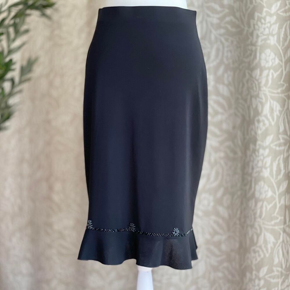 Qian Vi Black Beaded Midi Skirt Stretch Ruffle Hem‎ Romantic Gothic Size 11